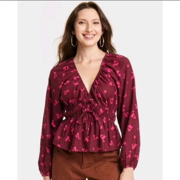 Universal Thread | Maroon Floral Puffed Long Sleeve Tie Front Blouse Size Medium - Picture 1 of 12